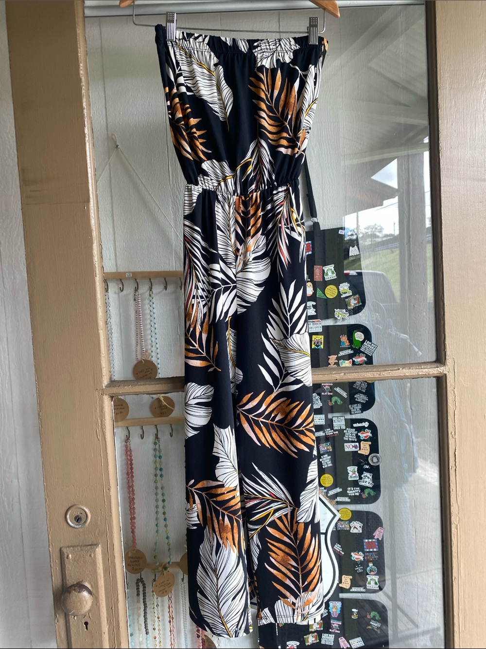 Cookies Hawaii Tropical Strapless Jumpsuit in Black, White & Burnt Orange